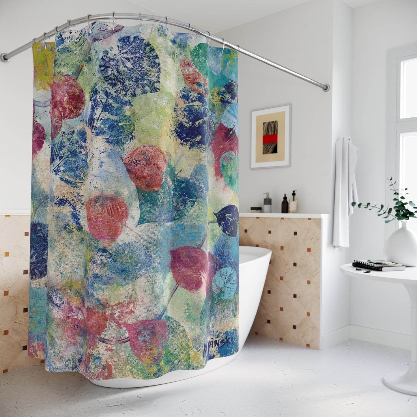 Floral Nature Blue Red Shower Curtain Abstract Art - Red Bud by Leslie Karpinski