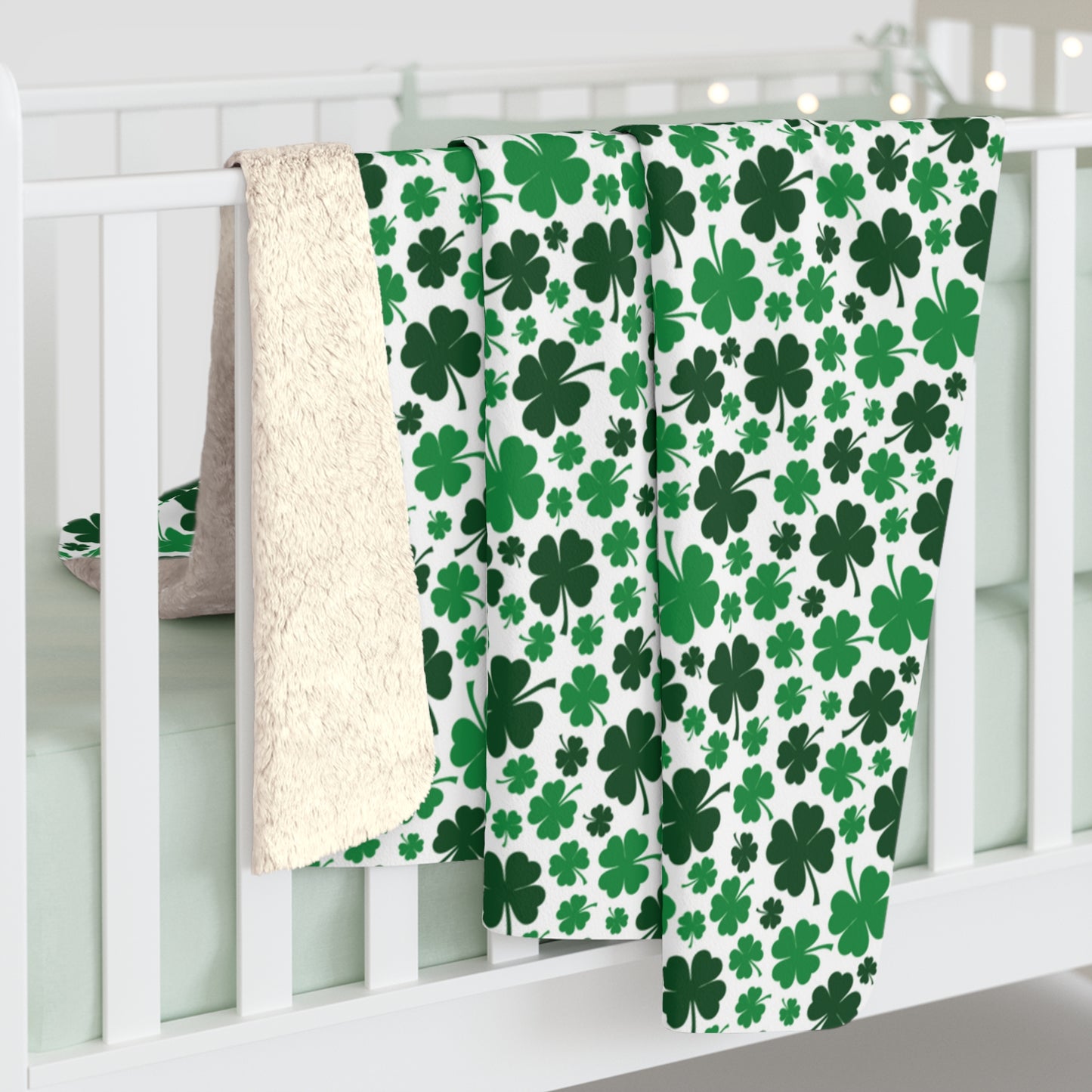 Green White Shamrock 4 Leaf Clover St Patricks Day Sherpa Fleece Sofa Blanket - Saiko Studio