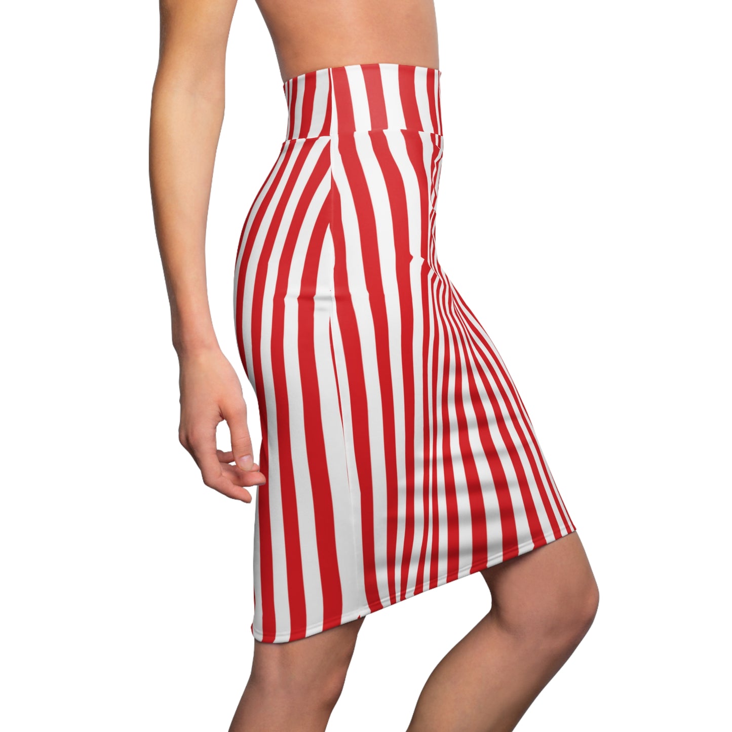 Red White Vertical Stripe Tight Pencil Womens Skirt - Saiko Studio
