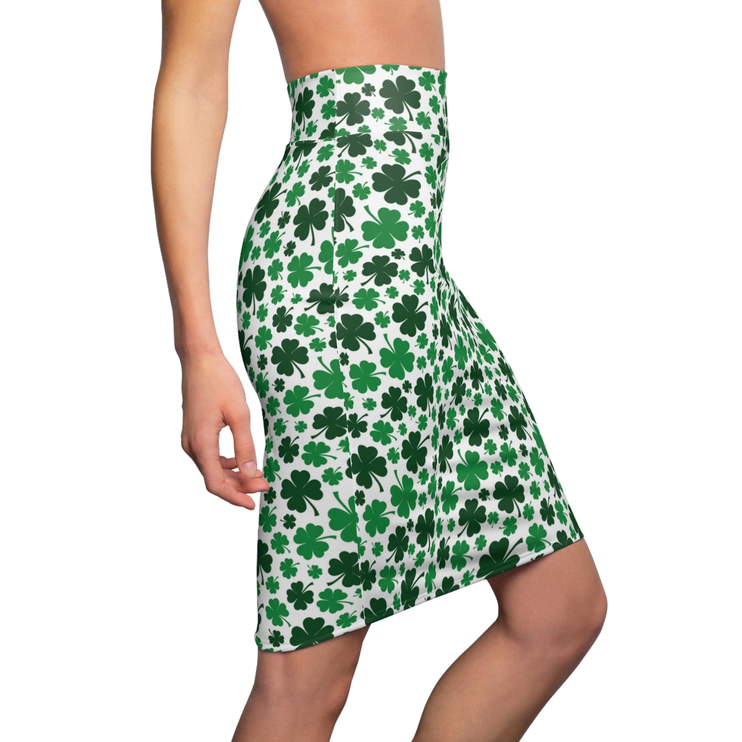 Green White Shamrock St Patricks Day Womens Tight Short Pencil Skirt - Saiko Studio