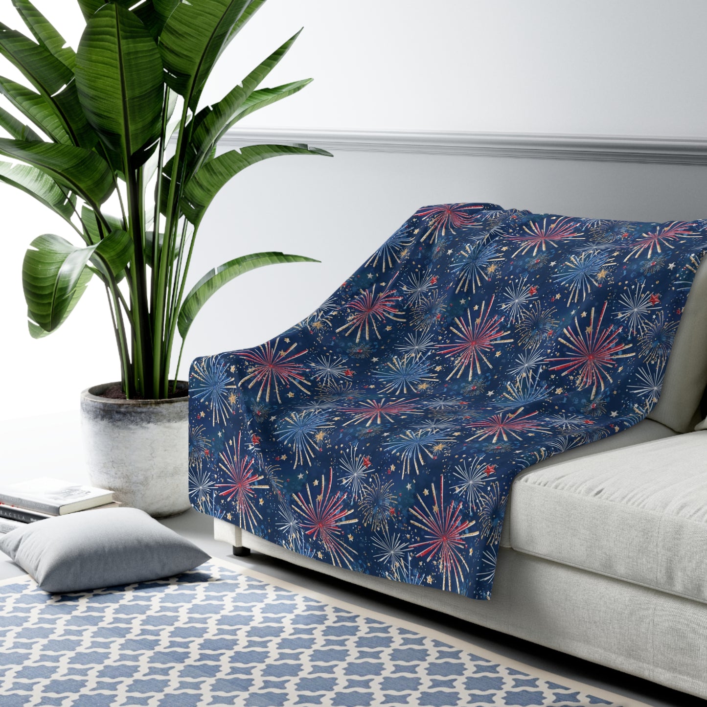 Red White Blue Fireworks 4th of July Sherpa Fleece Blanket - Saiko Studio