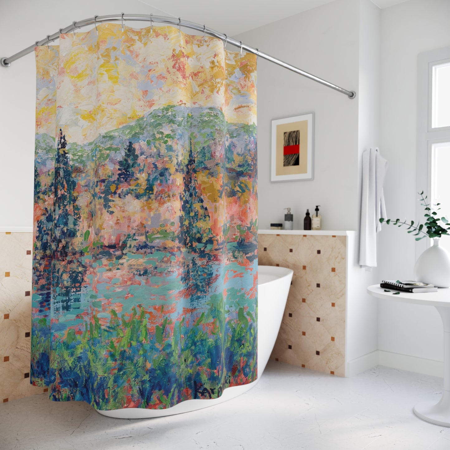 Colorful Landscape River Art Nature Shower Curtain - The River People by Leslie Karpinski