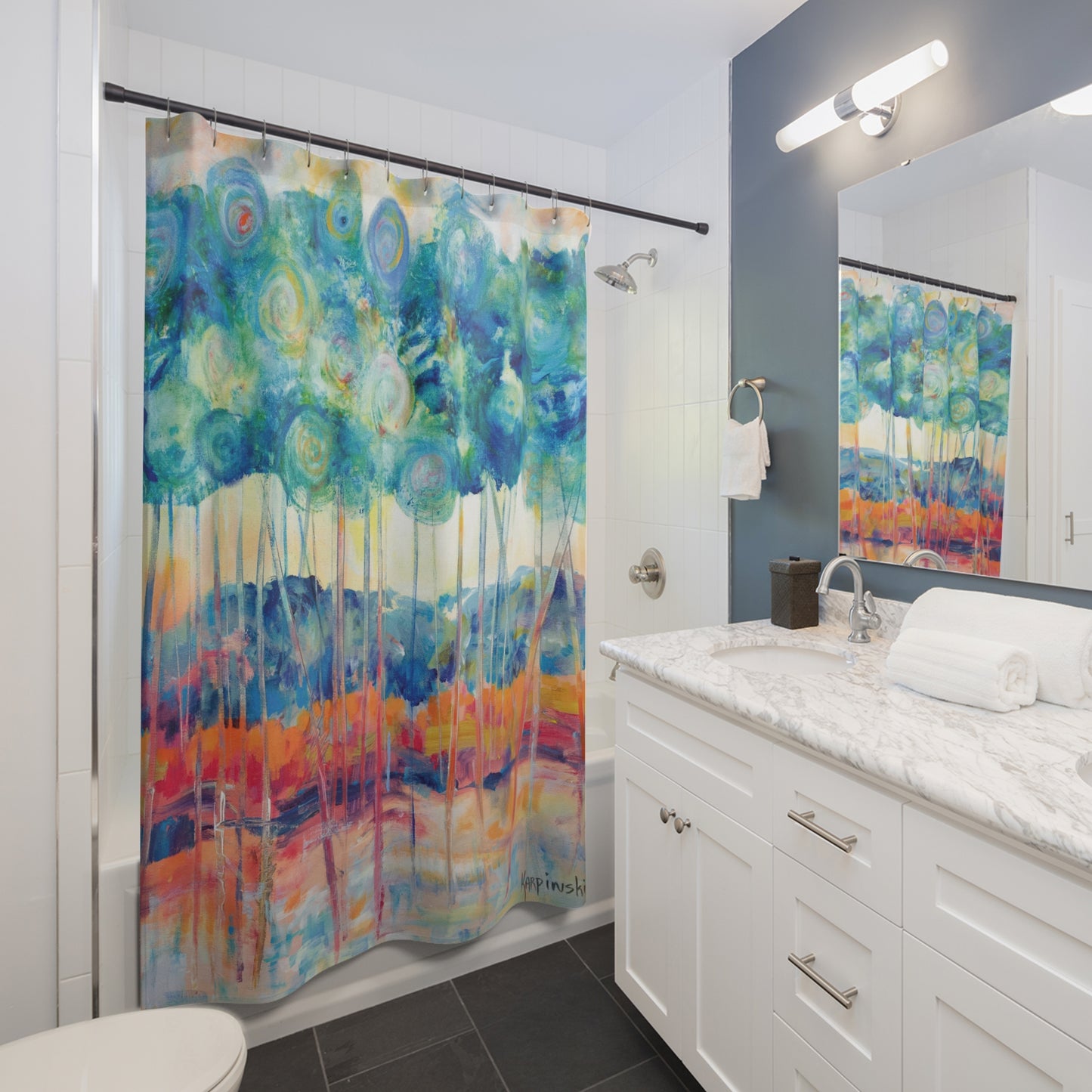 Landscape Blue Orange Tree Nature Art Shower Curtain - Canopy At Sunset by Leslie Karpinski