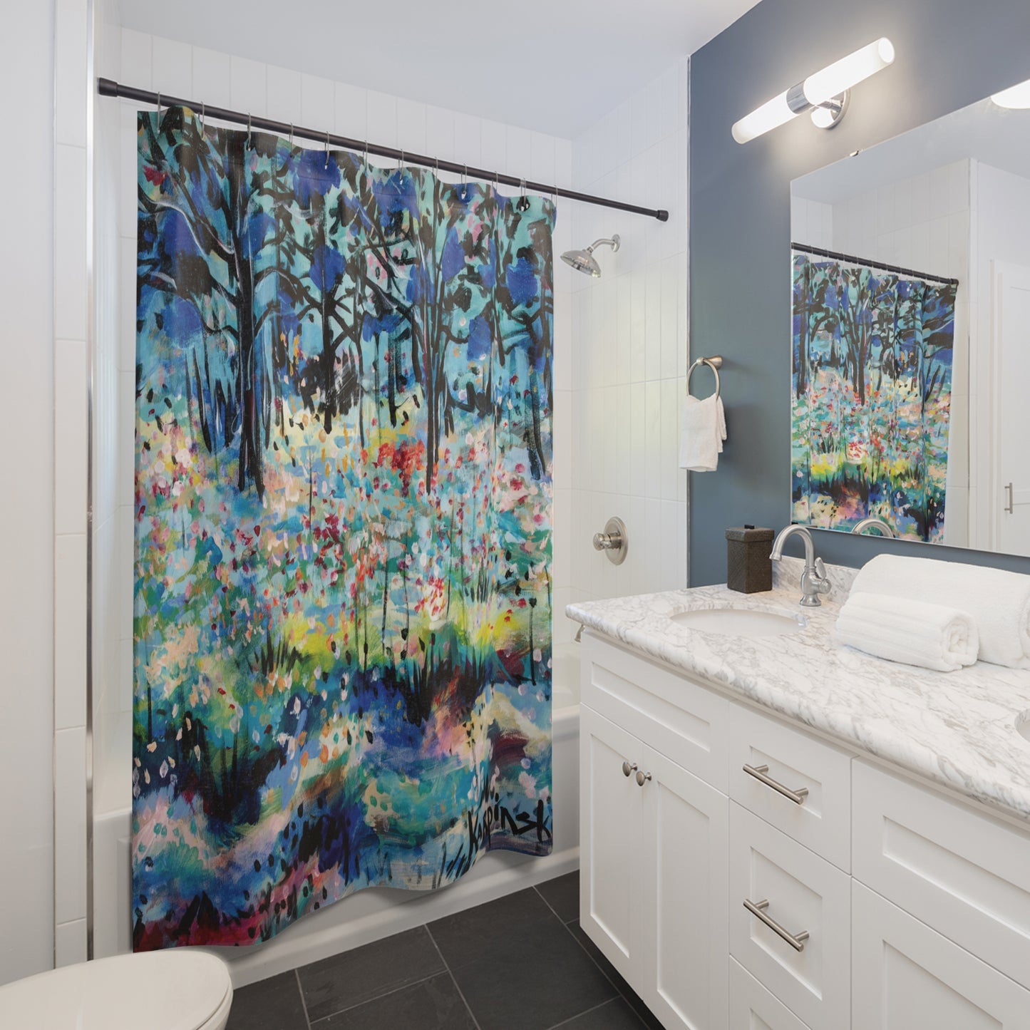 Landscape Blue Pink Nature Shower Curtain Abstract Art - Dotted Landscape by Leslie Karpinski