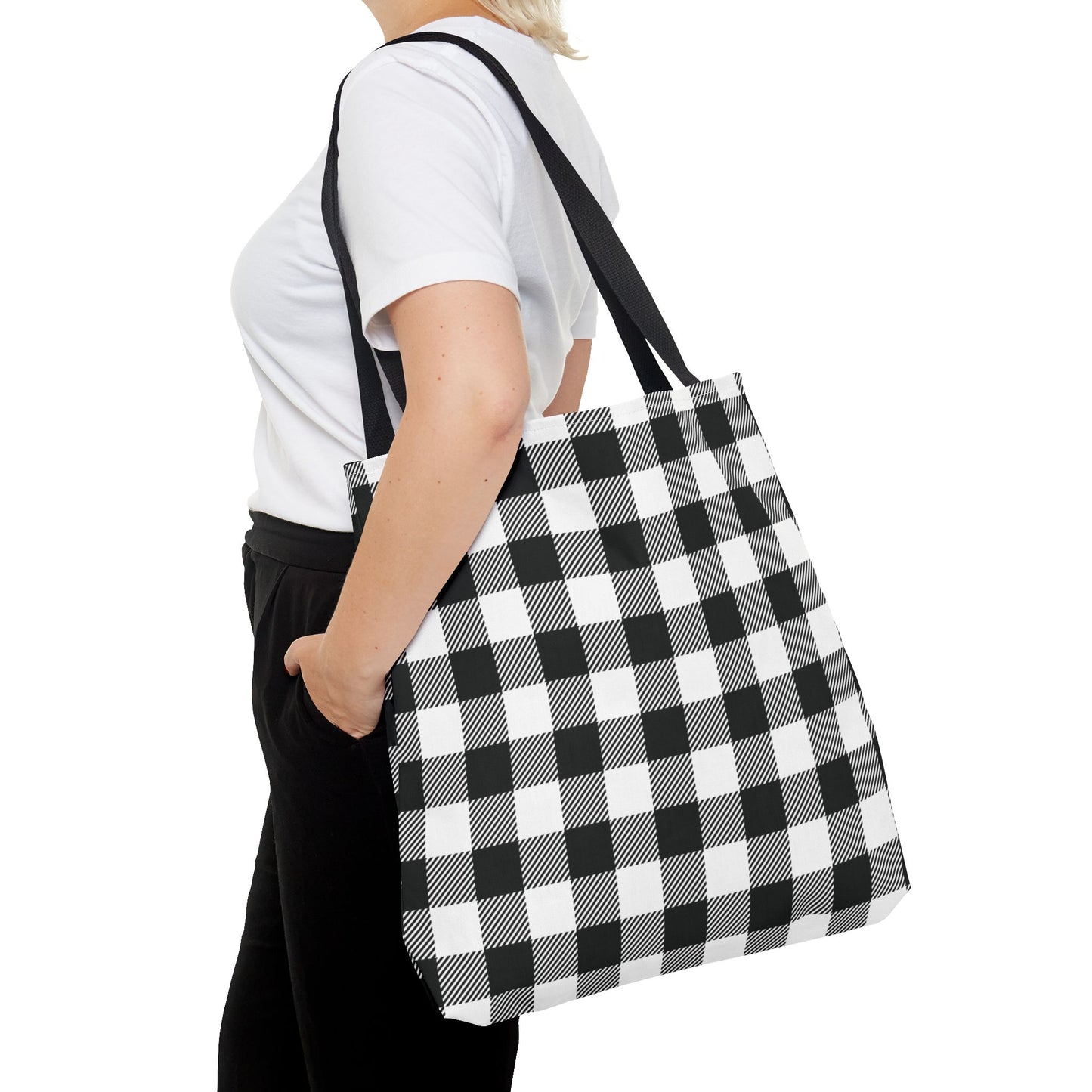 Black White Buffalo Plaid Canvas Tote Bag Personalized Reusable Shopping Bag - Saiko Studio