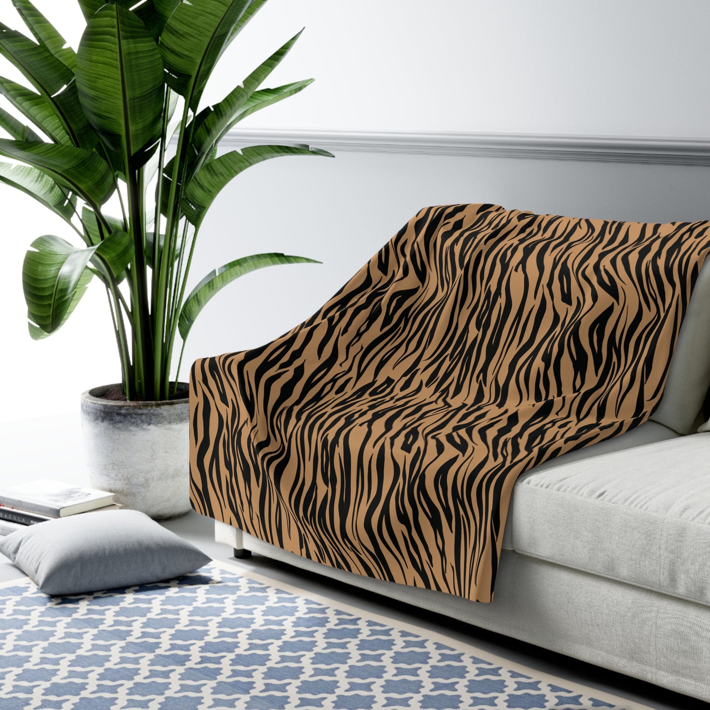 Beige Black Zebra Animal Print Sherpa Fleece Sofa Blanket - Saiko Studio