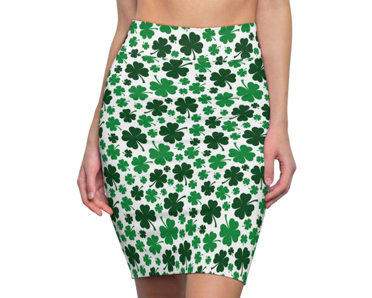 Green White Shamrock St Patricks Day Womens Pencil Skirt - Saiko Studio