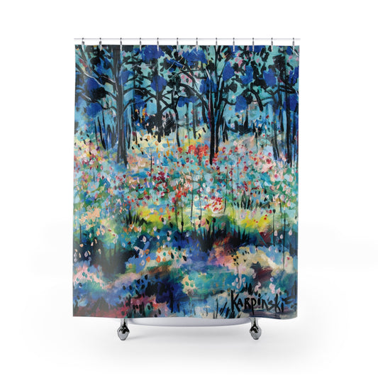 Landscape Blue Pink Nature Shower Curtain Abstract Art - Dotted Landscape by Leslie Karpinski