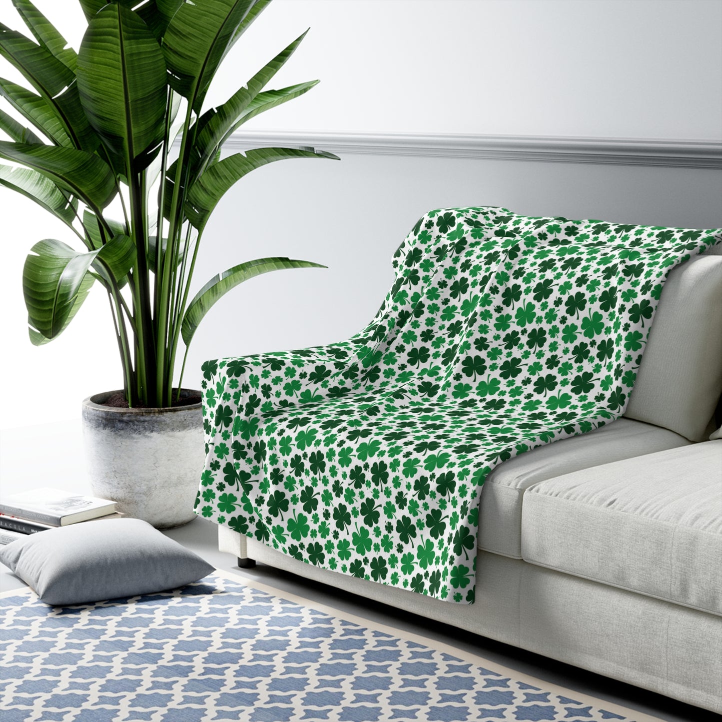 Green White Shamrock 4 Leaf Clover St Patricks Day Sherpa Fleece Sofa Blanket - Saiko Studio
