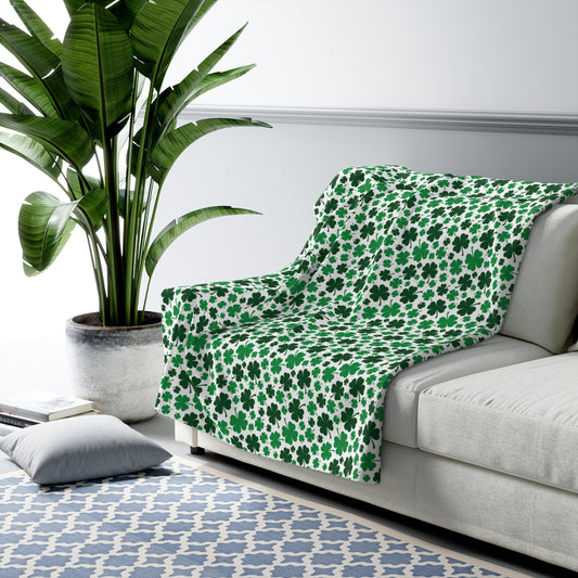 Green White Shamrock 4 Leaf Clover St Patricks Day Sherpa Fleece Sofa Blanket - Saiko Studio