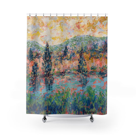 Colorful Landscape River Art Nature Shower Curtain - The River People by Leslie Karpinski