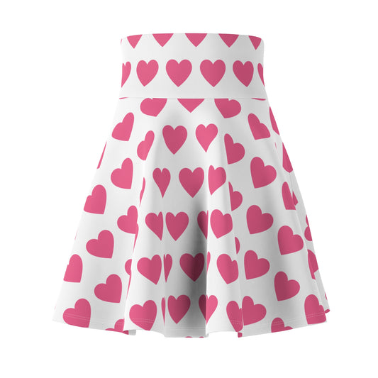 White Pink Heart Valentines Womens Skater Flare Skirt - Saiko Studio