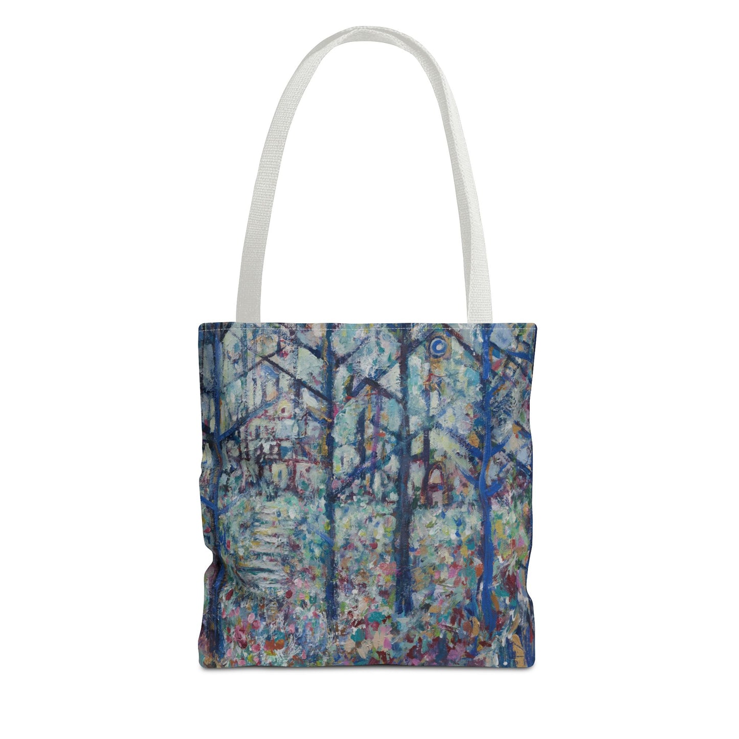 Blue Green Forest Landscape Nature Art Canvas Tote Bag - Stairs 2 Home - Leslie Karpinski