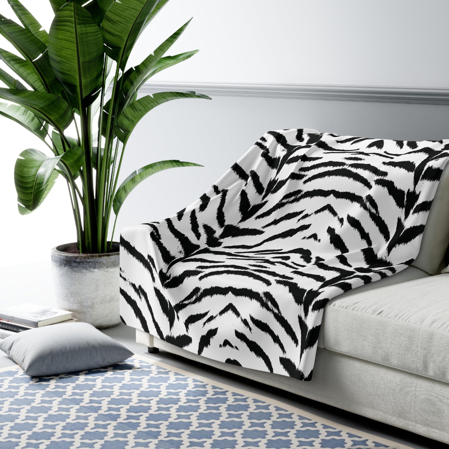 White Tiger Animal Print Sherpa Fleece Sofa Blanket - Saiko Studio
