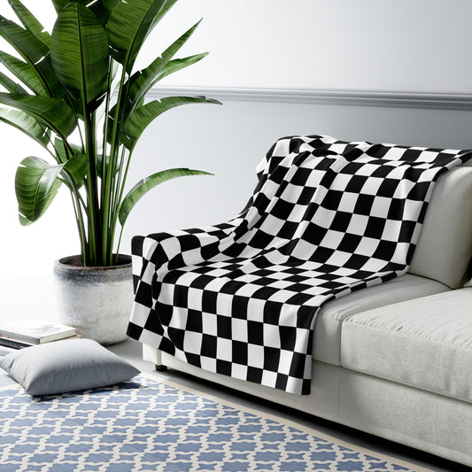 Black White Checkerboard Sherpa Fleece Blanket - Saiko Studio