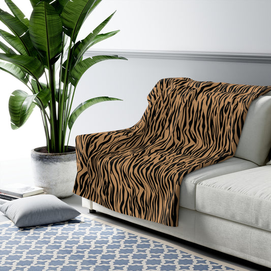 Beige Black Zebra Animal Print Sherpa Fleece Sofa Blanket - Saiko Studio