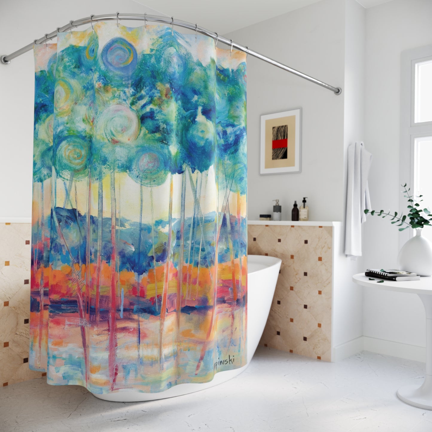 Landscape Blue Orange Tree Nature Art Shower Curtain - Canopy At Sunset by Leslie Karpinski