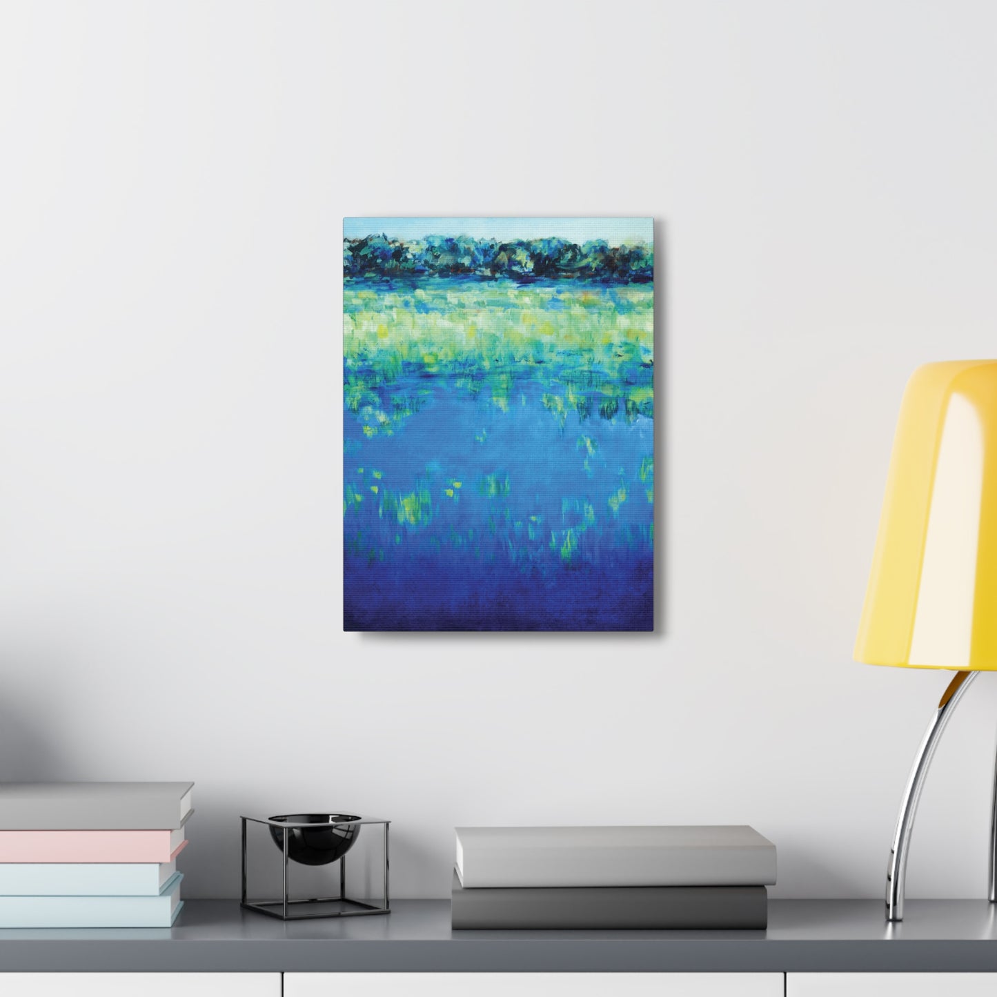 Waterscape Blue Green Canvas Art Nature Water Painting - Waters Edge 1 by Leslie Karpinski