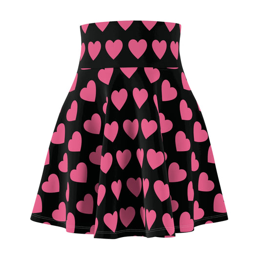 Black Pink Heart Black Womens Flare Skater Skirt - Saiko Studio
