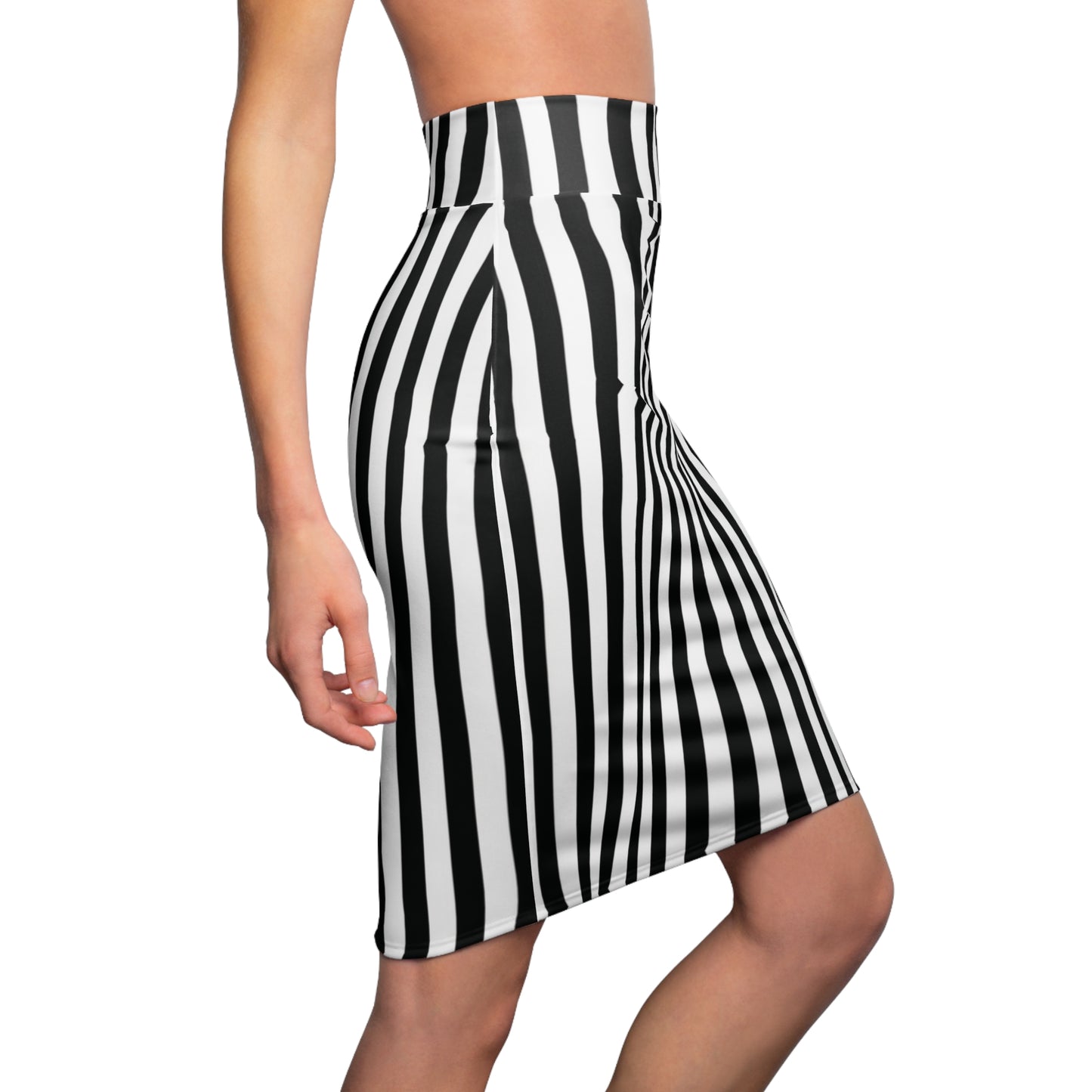 Black White Vertical Stripe Womens Stretch Pencil Skirt - Saiko Studio