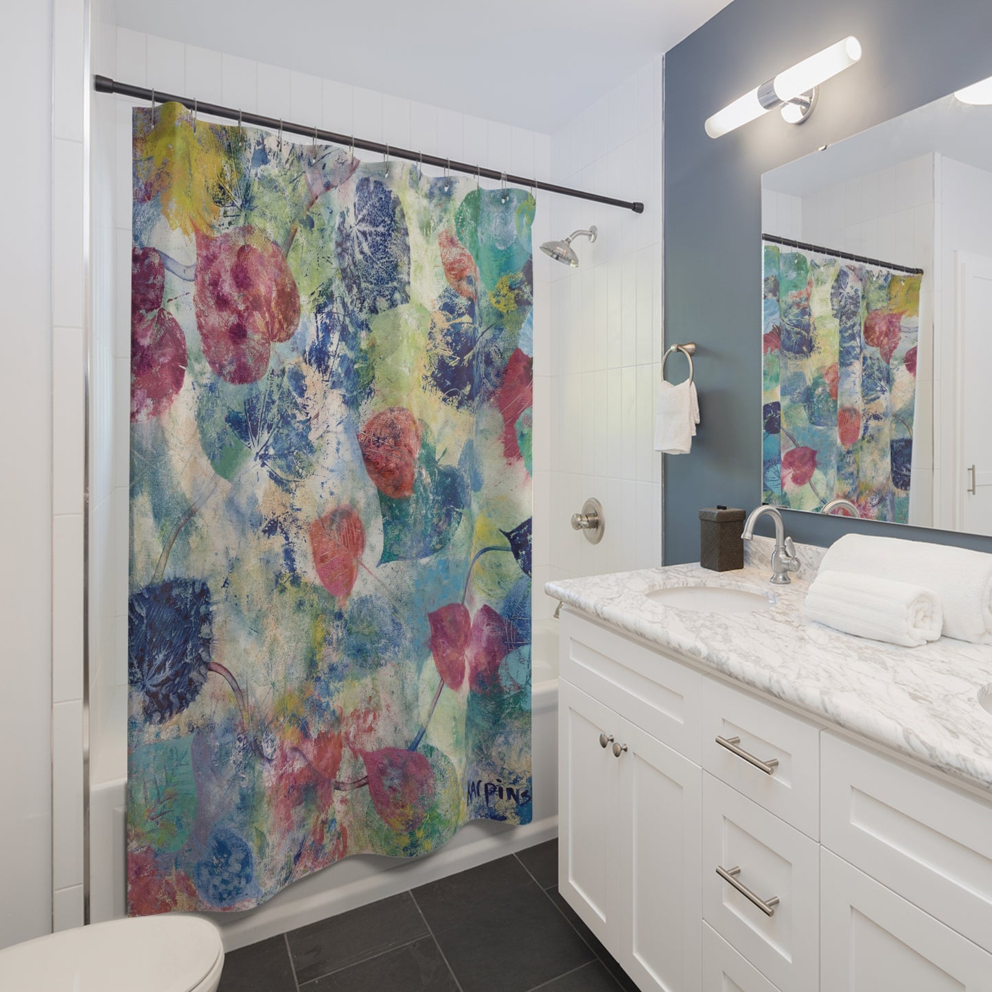 Floral Nature Blue Red Shower Curtain Abstract Art - Red Bud by Leslie Karpinski