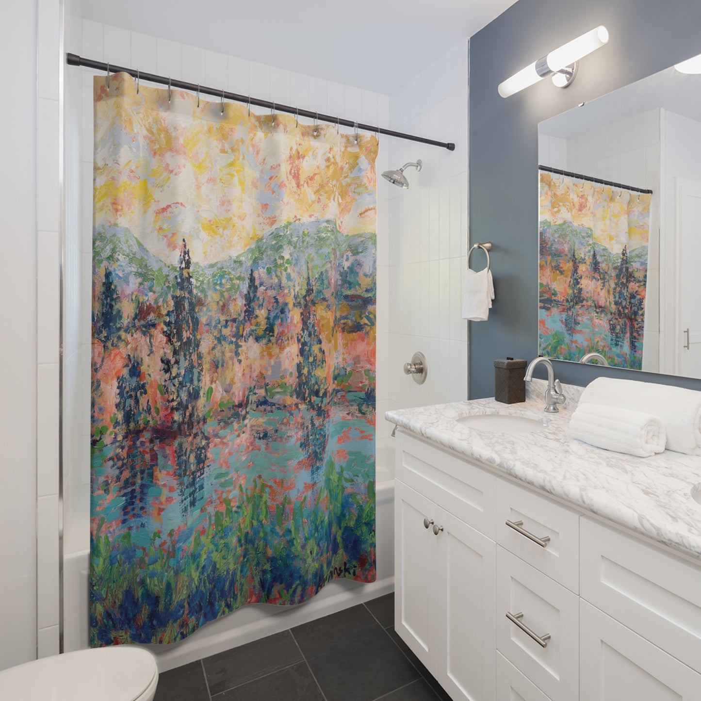 Colorful Landscape River Art Nature Shower Curtain - The River People by Leslie Karpinski