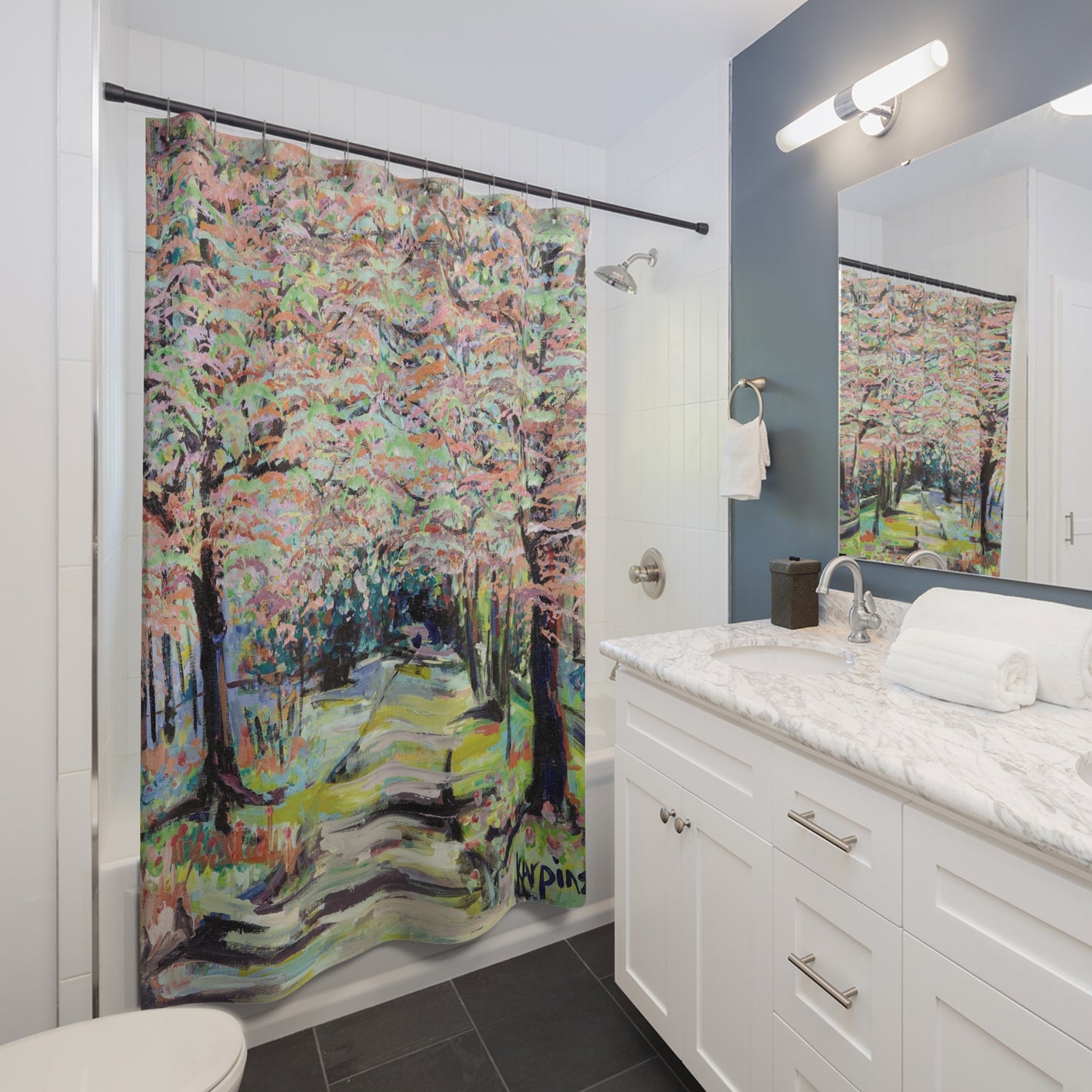 Landscape Pastel Tree Nature Art Shower Curtain - Path in Reynolda Gardens by Leslie Karpinski