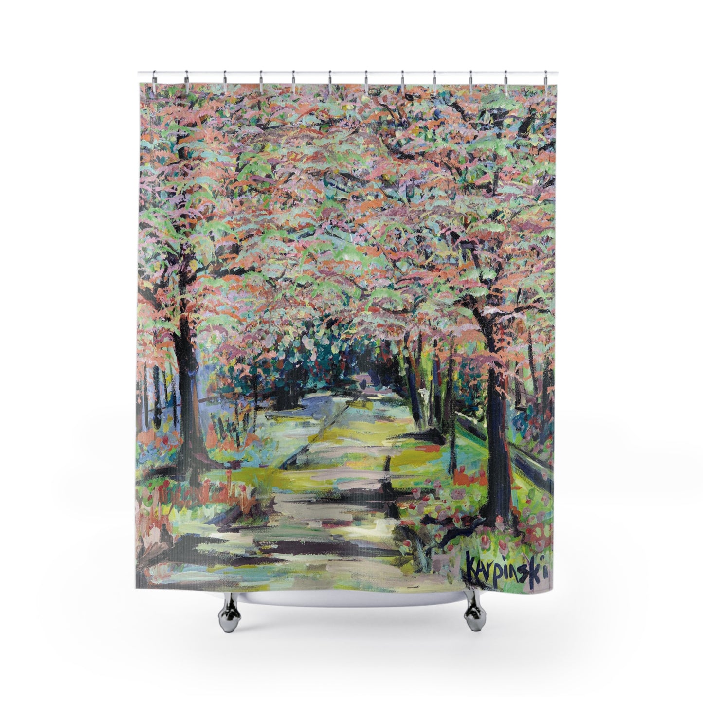 Landscape Pastel Tree Nature Art Shower Curtain - Path in Reynolda Gardens by Leslie Karpinski