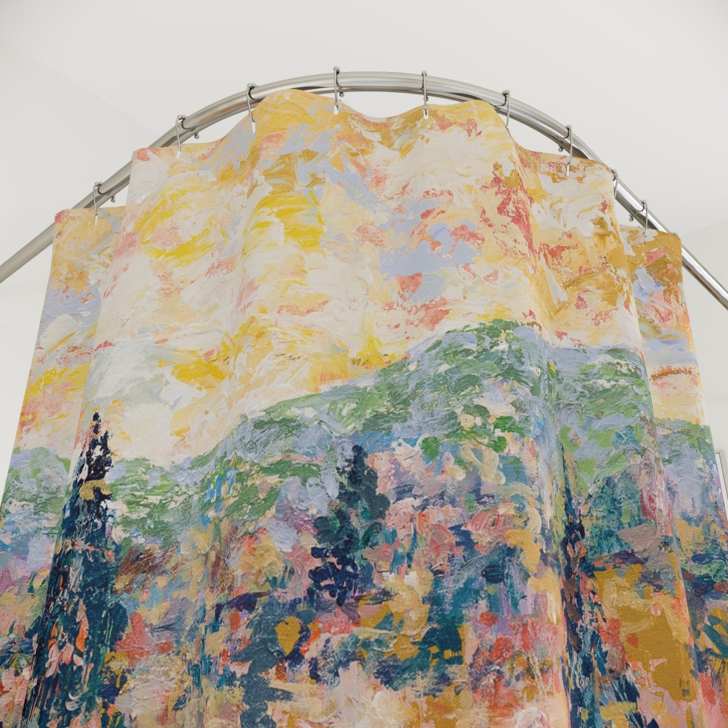 Colorful Landscape River Art Nature Shower Curtain - The River People by Leslie Karpinski