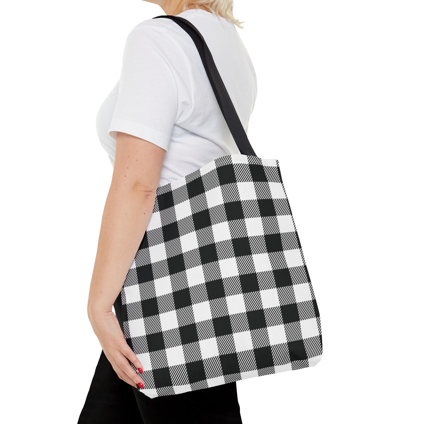 Black White Buffalo Plaid Canvas Tote Bag Personalized Reusable Shopping Bag - Saiko Studio