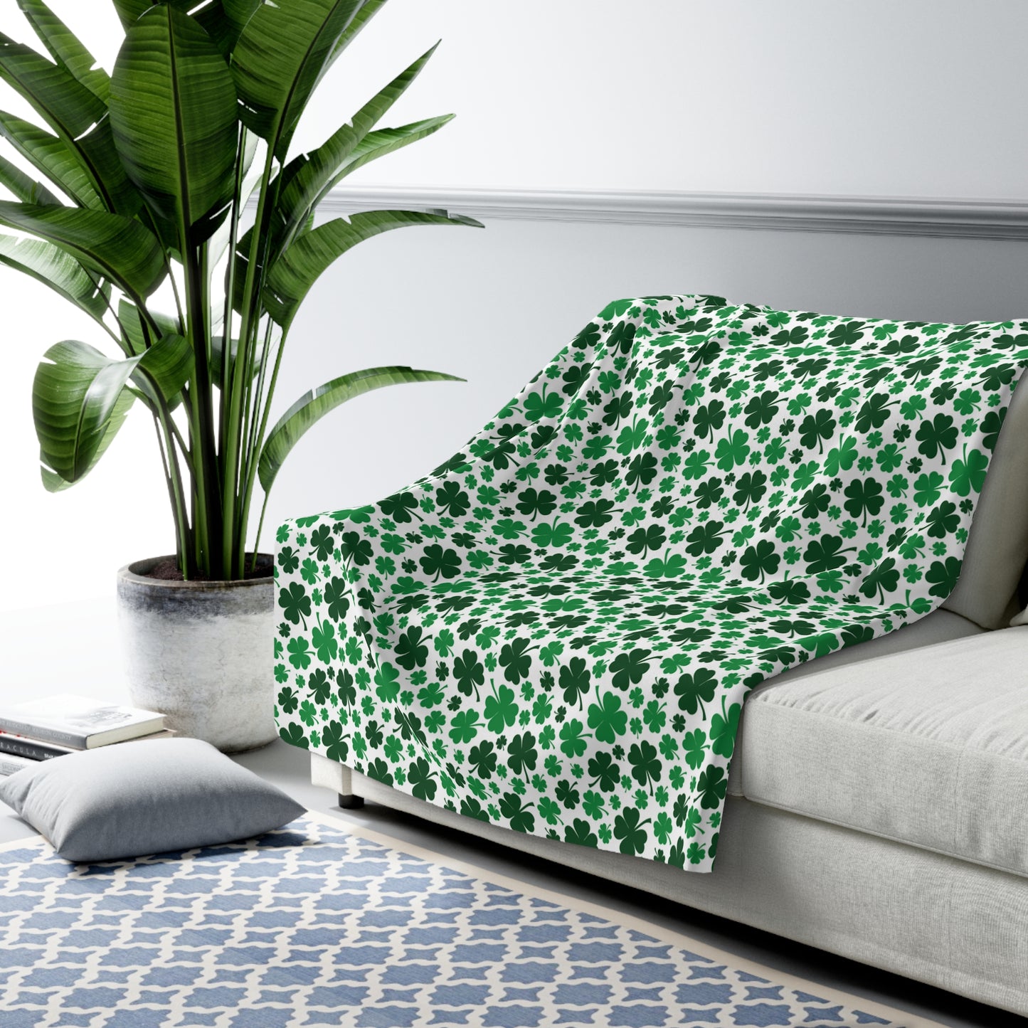 Green White Shamrock 4 Leaf Clover St Patricks Day Sherpa Fleece Sofa Blanket - Saiko Studio