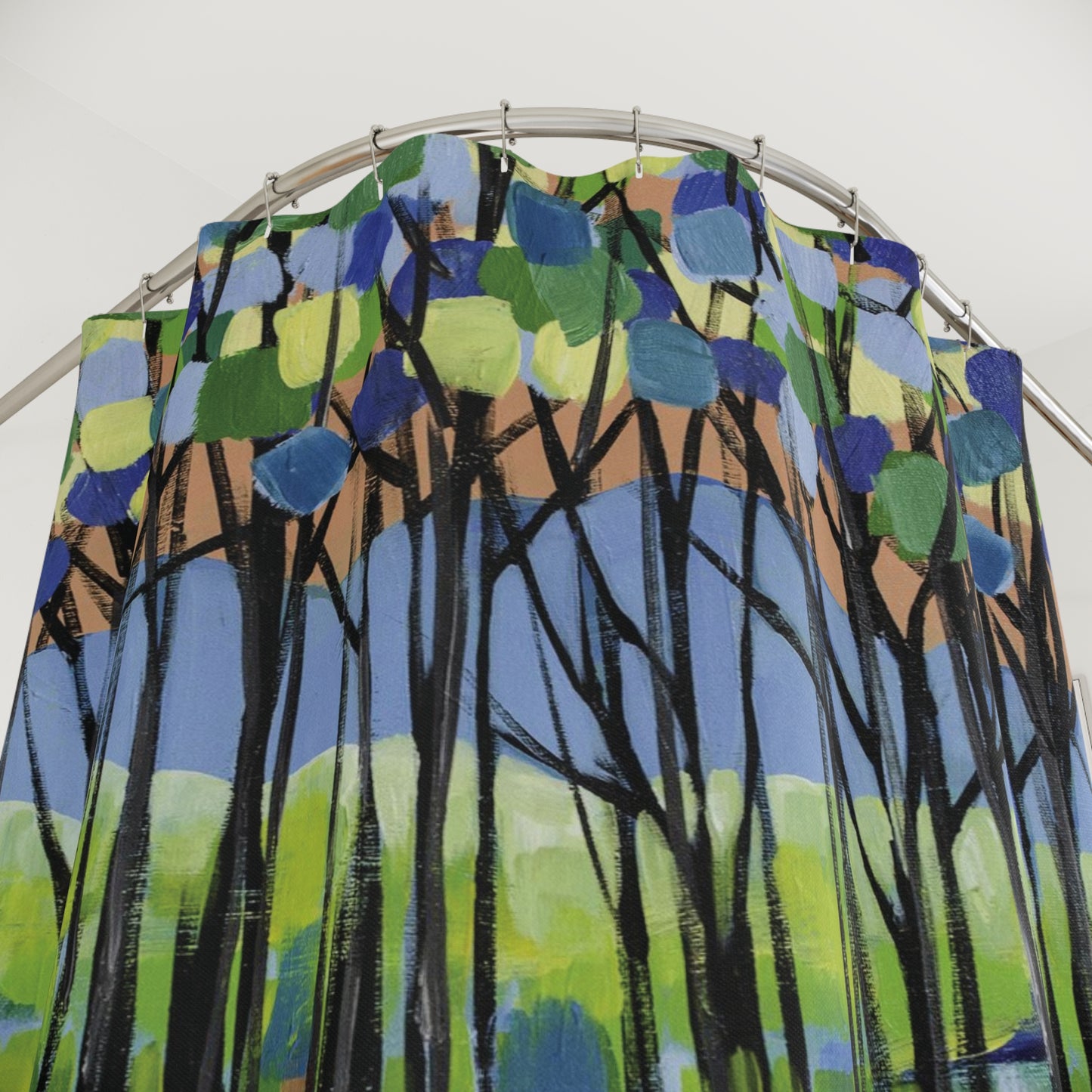 Blue Yellow Landscape Nature Shower Curtain Abstract Art - Island by Leslie Karpinski