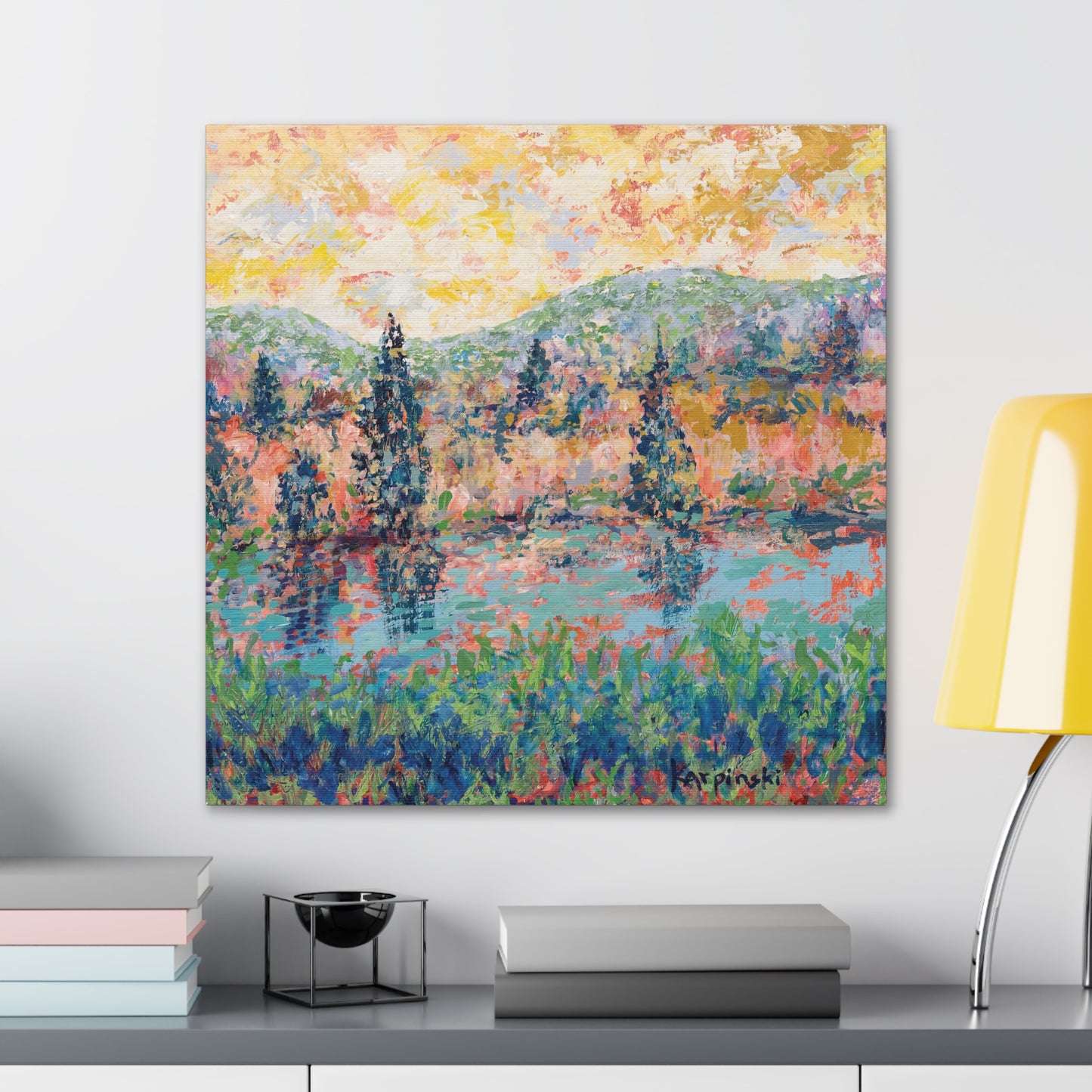 Colorful Wall Artwork Nature Painting Canvas Print Landscape Art - River People by Leslie Karpinski