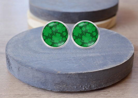 St Patricks Day Shamrock 4 Leaf Clover Stud Dangle Earrings Necklace Jewelry Set - Post Queen