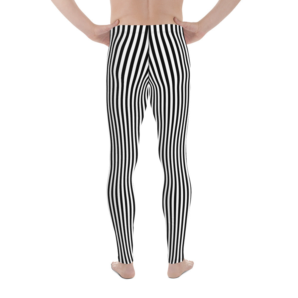 Black White Vertical Stripe Mens Leggings Yoga Stretch Pants - Saiko Studio