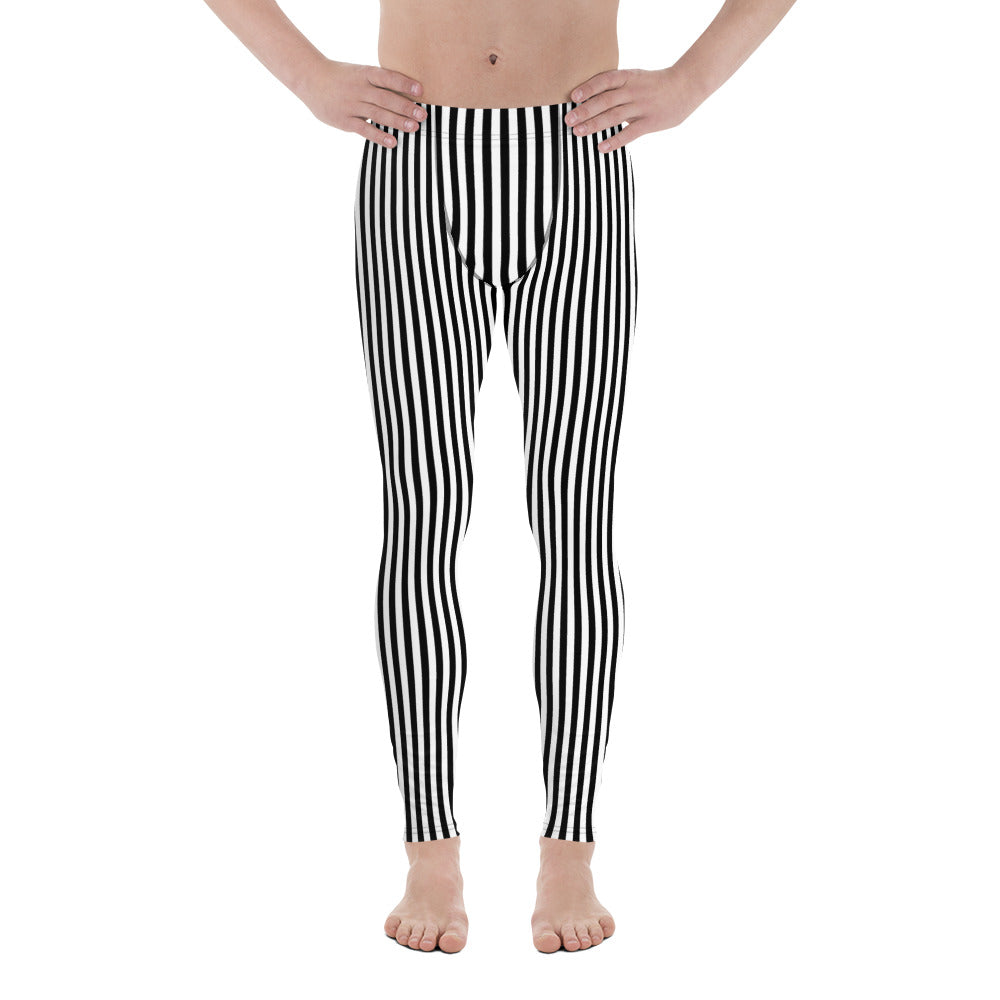 Black White Vertical Stripe Mens Leggings Yoga Stretch Pants - Saiko Studio