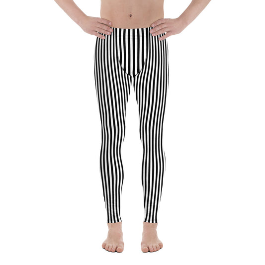 Black White Vertical Stripe Mens Leggings Yoga Stretch Pants - Saiko Studio