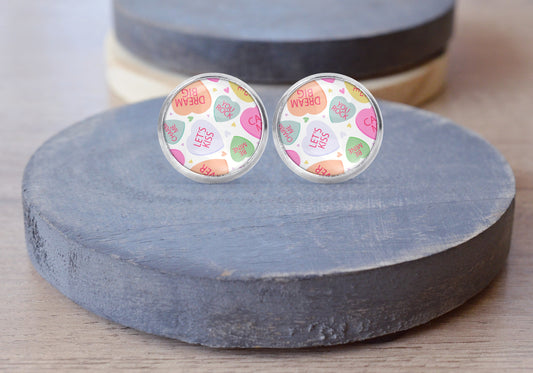 Conversation Hearts Stud Dangle Earrings Necklace Jewelry Set - Post Queen