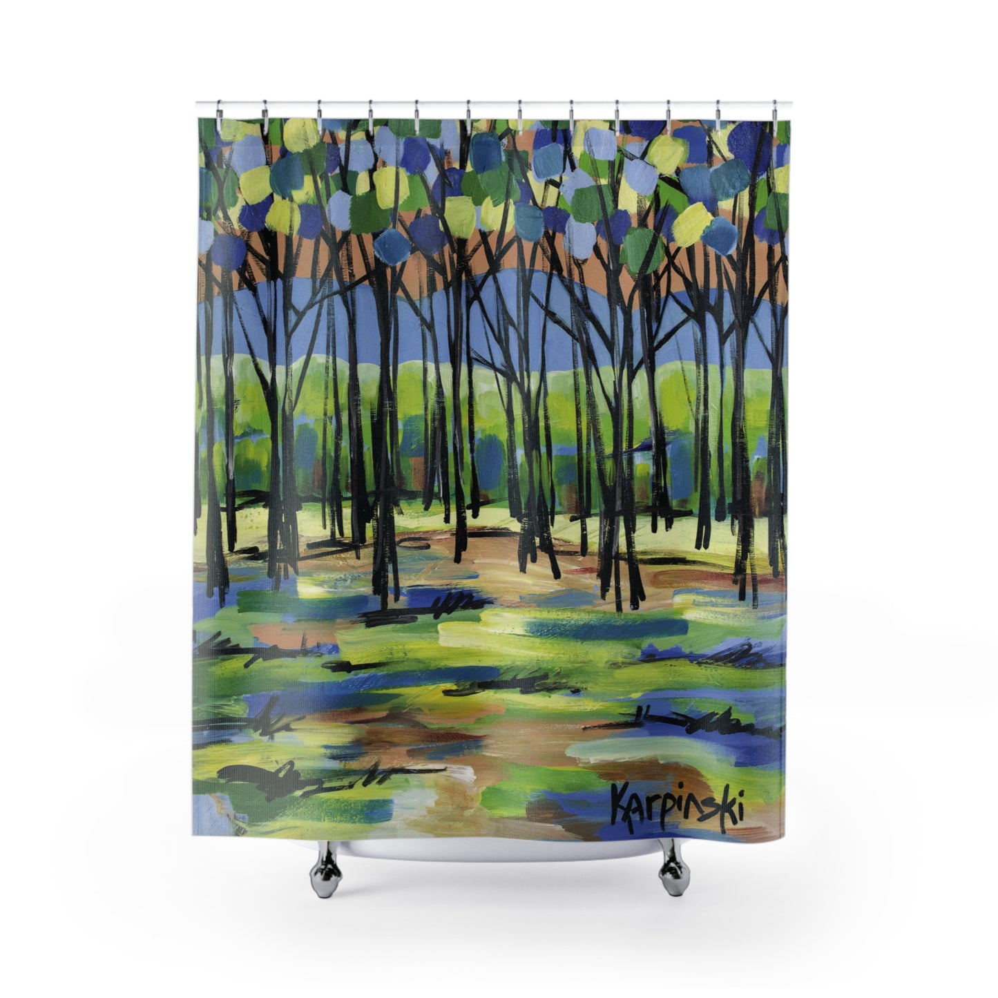 Blue Yellow Landscape Nature Shower Curtain Abstract Art - Island by Leslie Karpinski