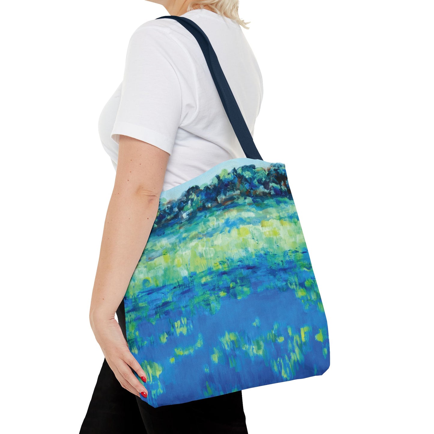 Blue Green Landscape Nature Art Canvas Tote Bag - Waters Edge 2 by Leslie Karpinski