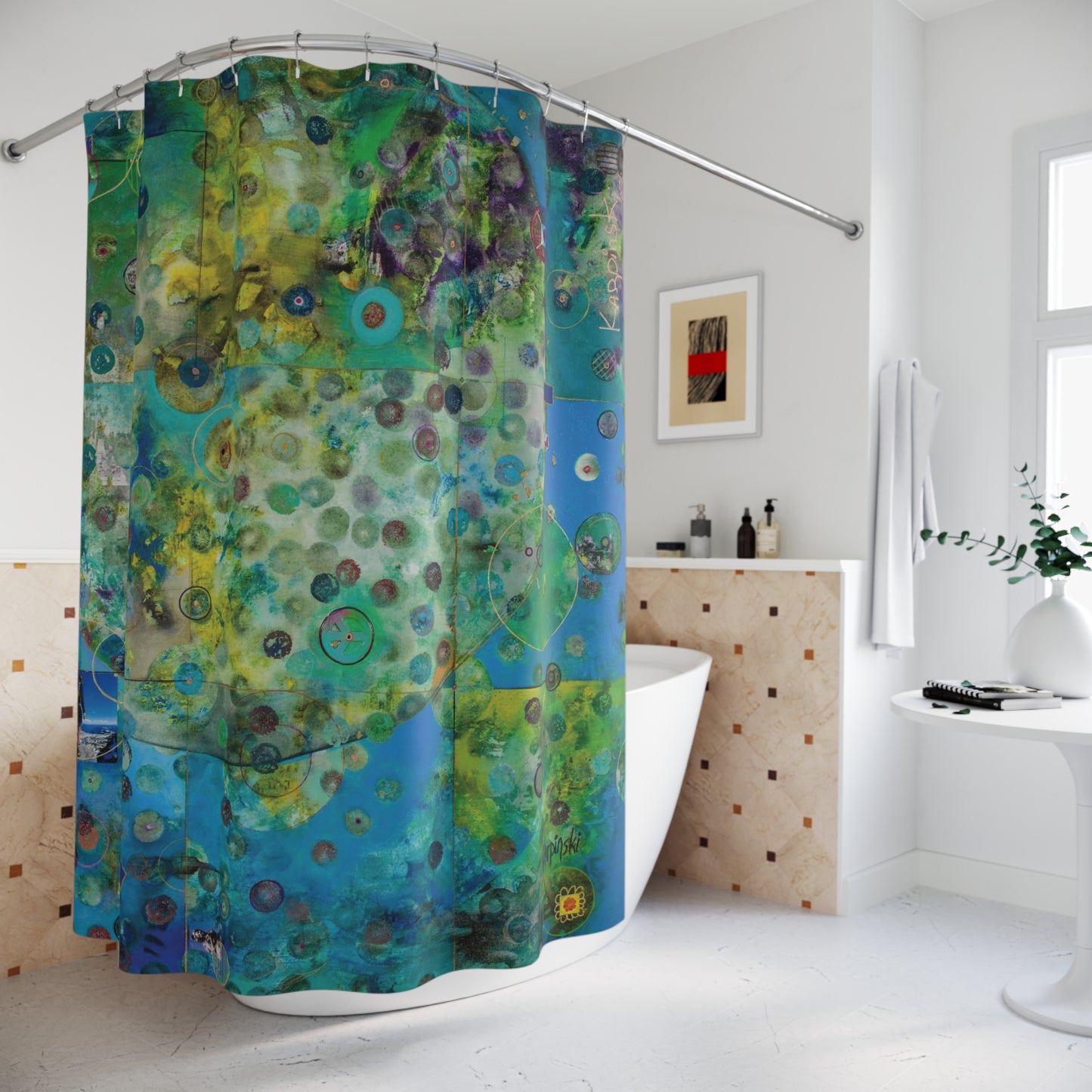 Blue Green Abstract Art Shower Curtain -Earth by Leslie Karpinski