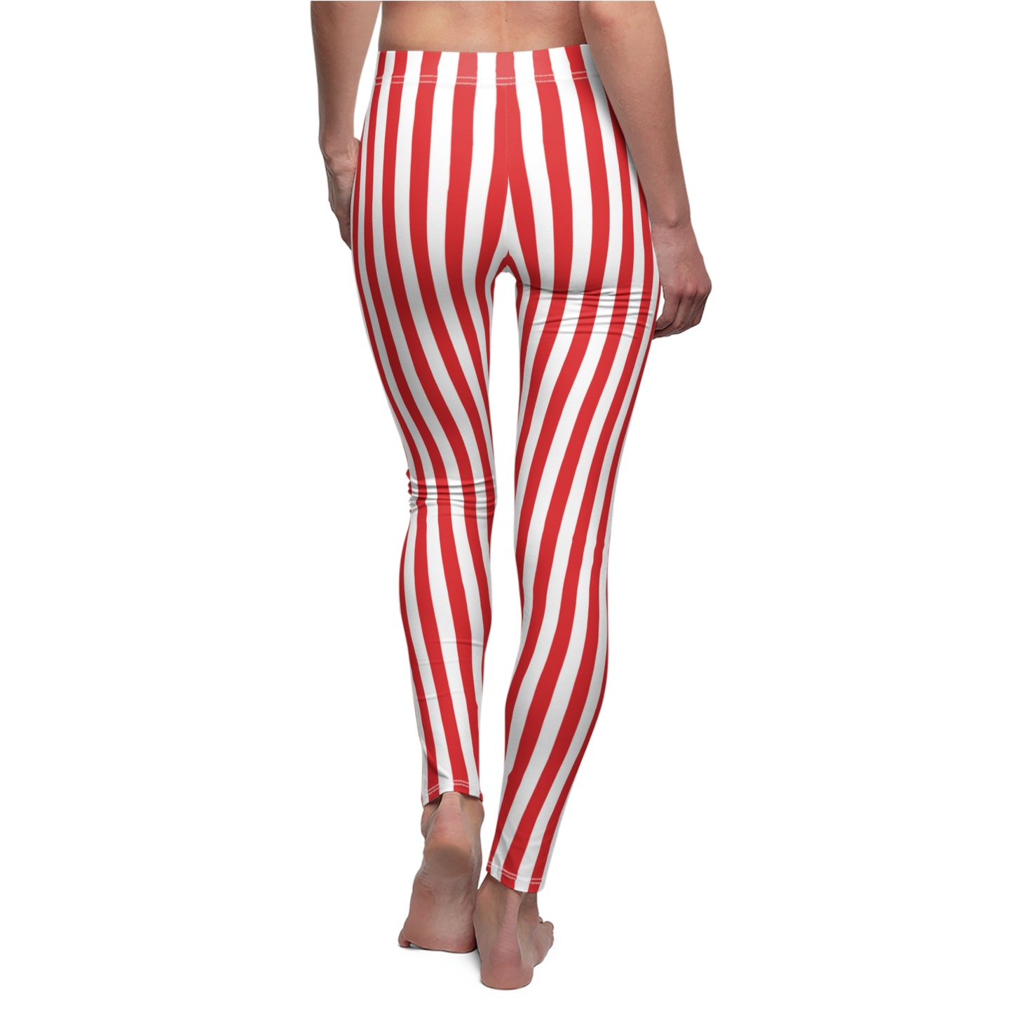 Red White Vertical Striped Womens Leggings Yoga Stretch Pants -Saiko Studio