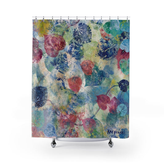 Floral Nature Blue Red Shower Curtain Abstract Art - Red Bud by Leslie Karpinski