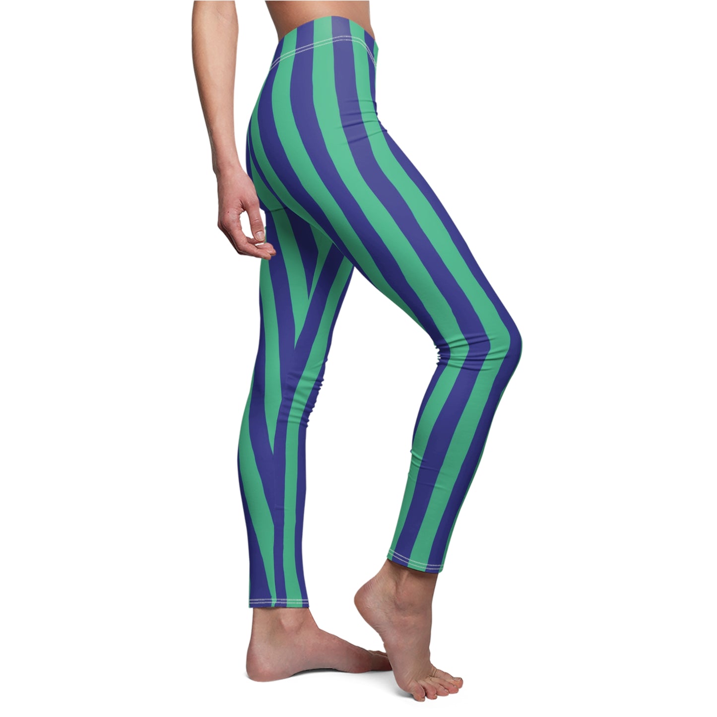 Green Blue Vertical Wide Striped Womens Leggings Yoga Pants - Saiko Studio