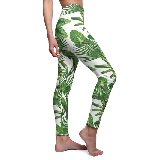 Green Tropical Palm Leaf Womens Leggings Stretch Pants - Saiko Studio