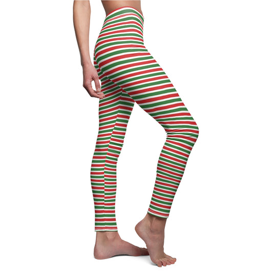 Green Red Horizontal Striped Christmas Womens Leggings - Saiko Studio