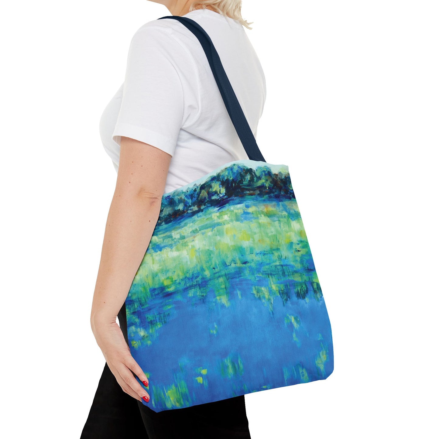 Blue Green Landscape Nature Art Canvas Tote Bag - Waters Edge 1 by Leslie Karpinski