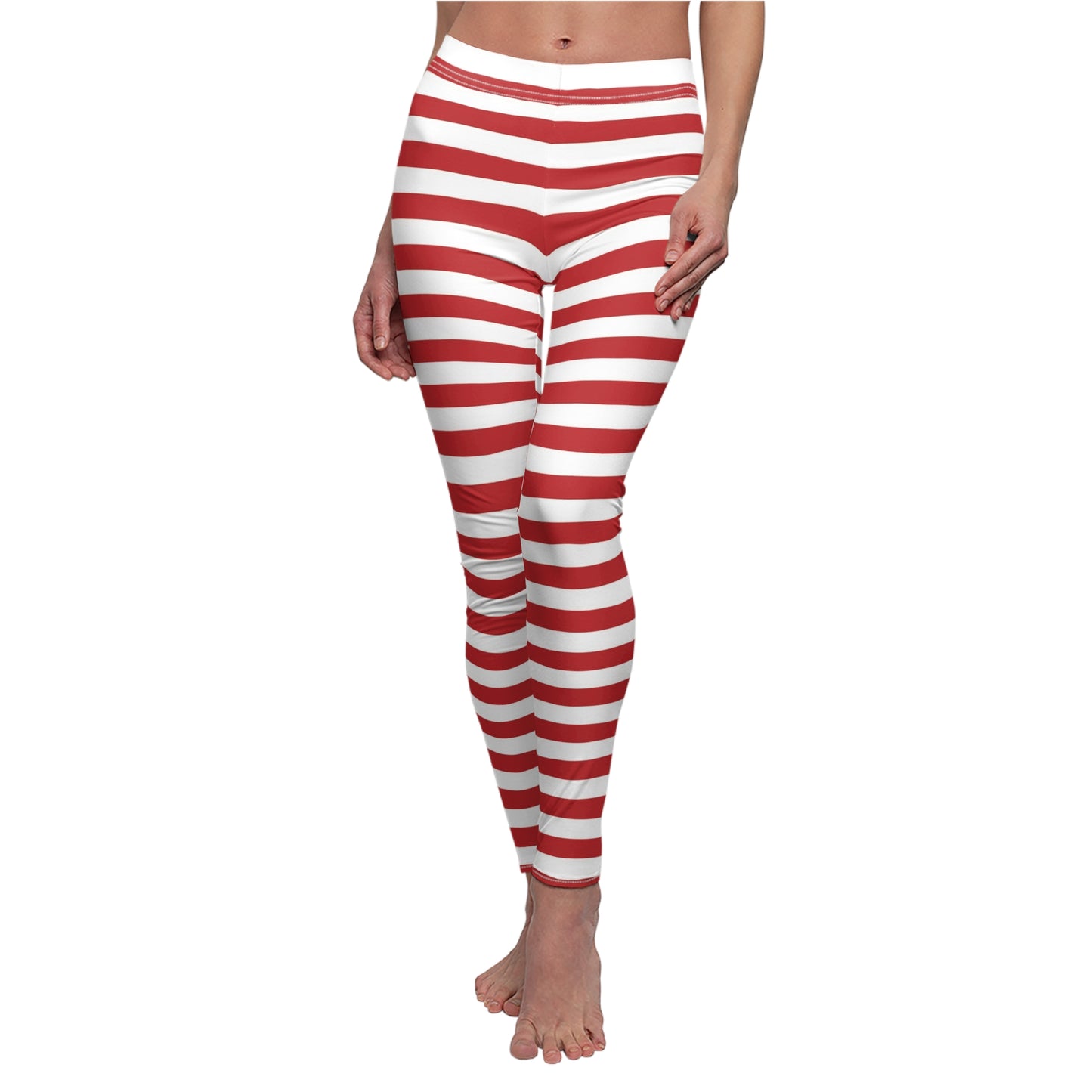 Red White Horizontal Striped Womens Leggings Yoga Pants - Saiko Studio