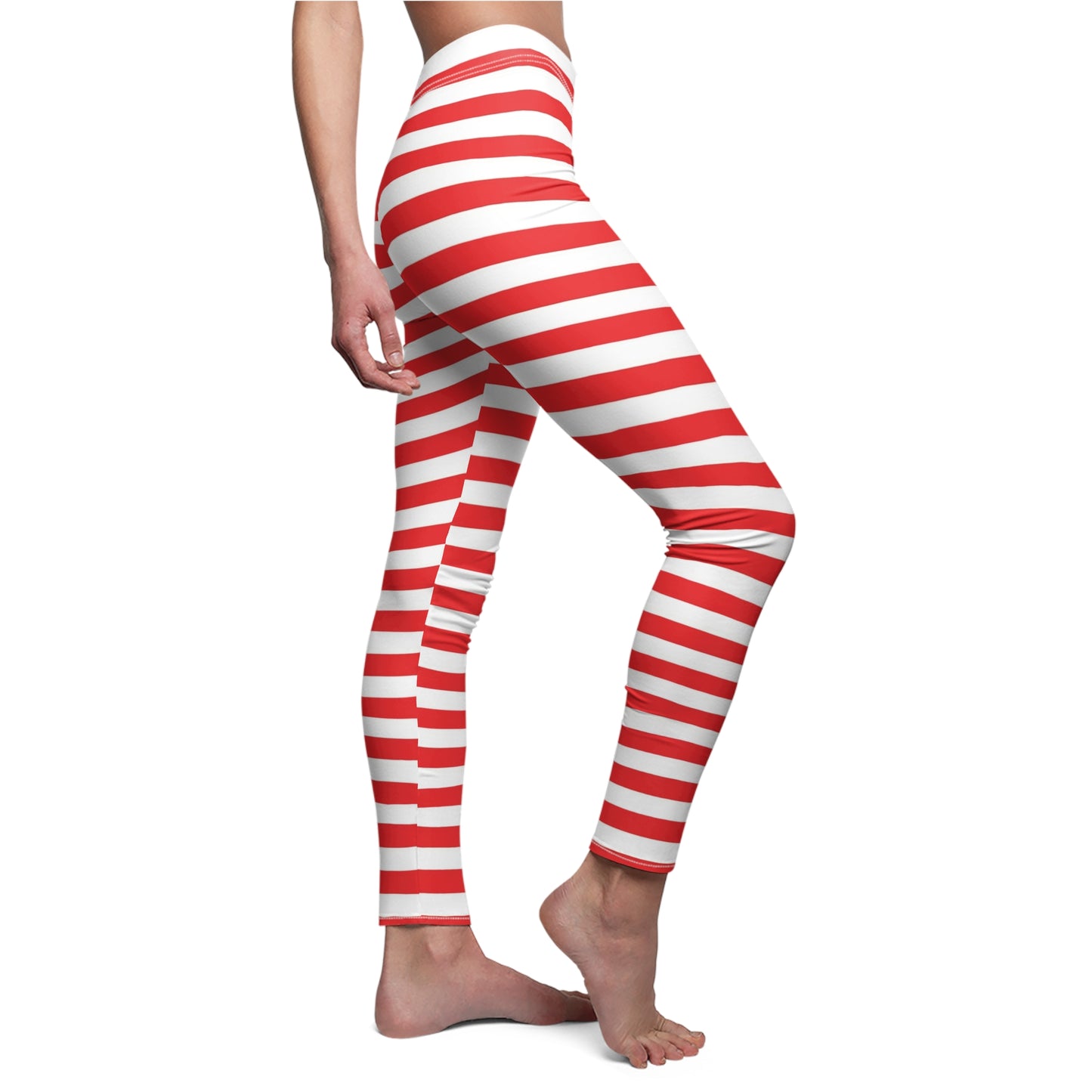 Red White Horizontal Striped Womens Leggings Stretch Yoga Pants - Saiko Studio