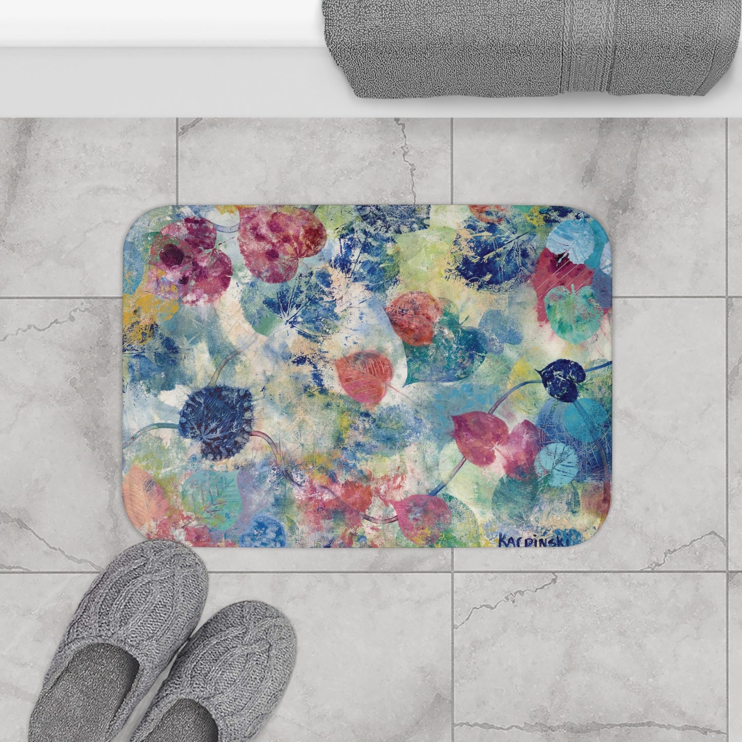 Floral Abstract Art Landscape Memory Foam Non Slip Bath Mat - Red Bud by Leslie Karpinski